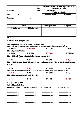Đề và đáp án kiểm tra học kì I Toán lớp 5 - Năm học 2016-2017 - Trường Tiểu học Ngô Quyền